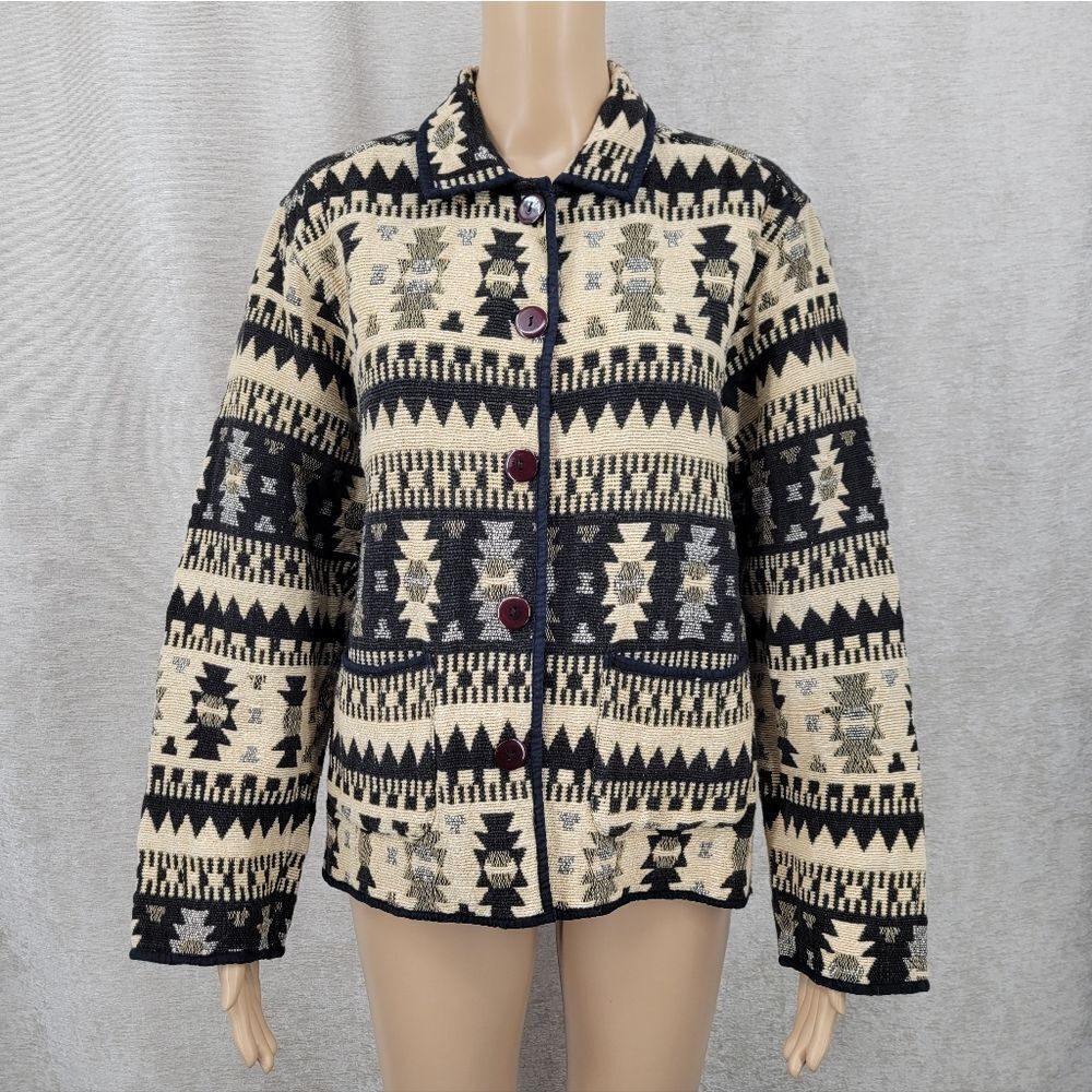Vintage Aztec Western Tapestry Black and Cream Women's Jacket By Jane Ashley